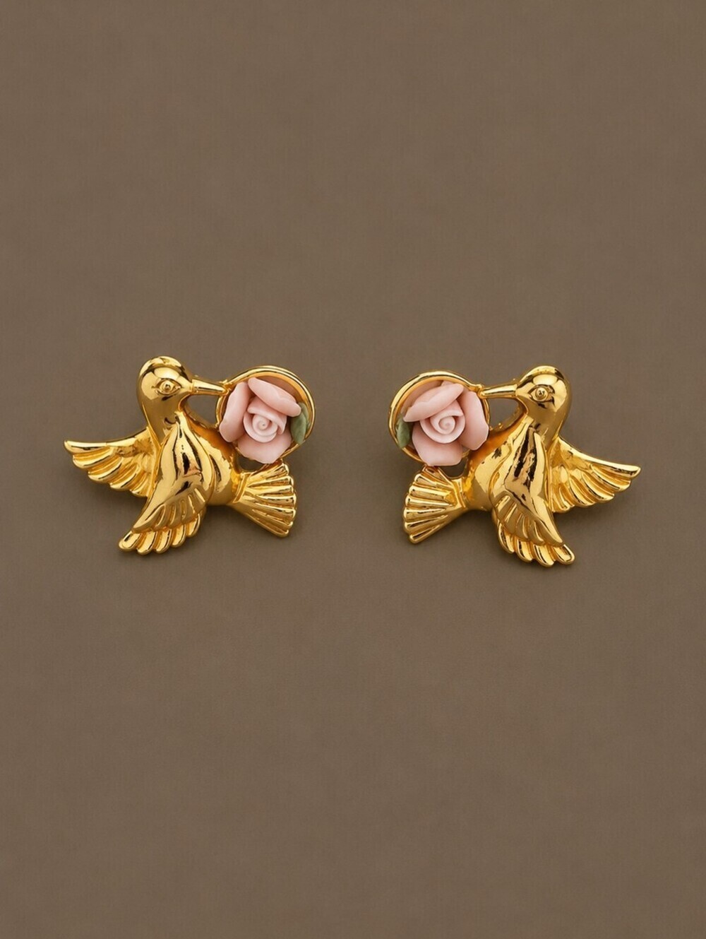 VTG AVON Fairycore Hummingbird Polymer Clay Rose Post Earrings
